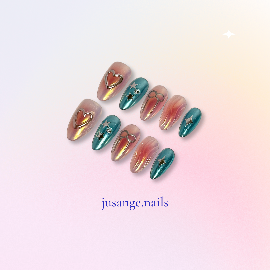 Iridescent Hearts 3D Metallic Short Almond Press-On Nail Set Reusable Nail Art