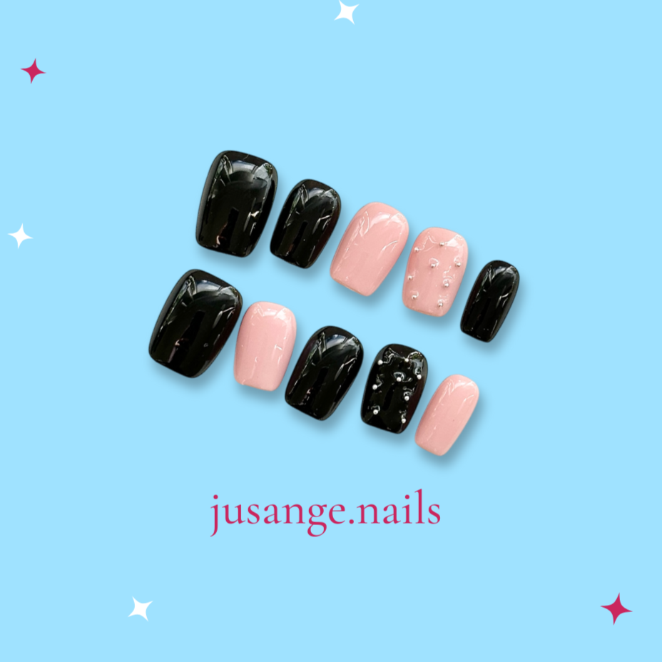 Black Pink Gems Short Square Press-On Nail Set