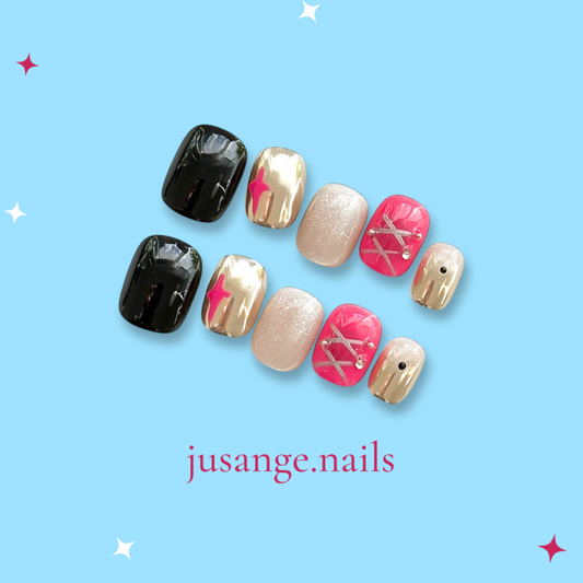 Pink Silver Charm Short Square Handmade Reusable Press-On Nail Set