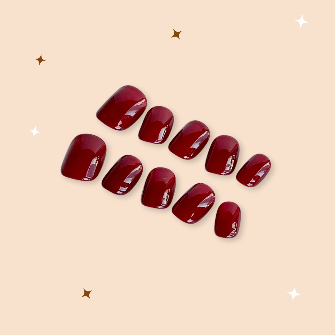 Deep Red Gloss Short Square Handmade Reusable Press-On Nail Set