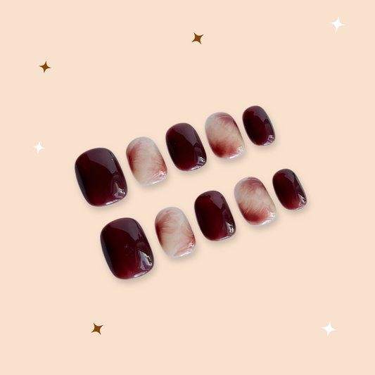 Marble Burgundy Short Square Handmade Reusable Press-On Nail Set