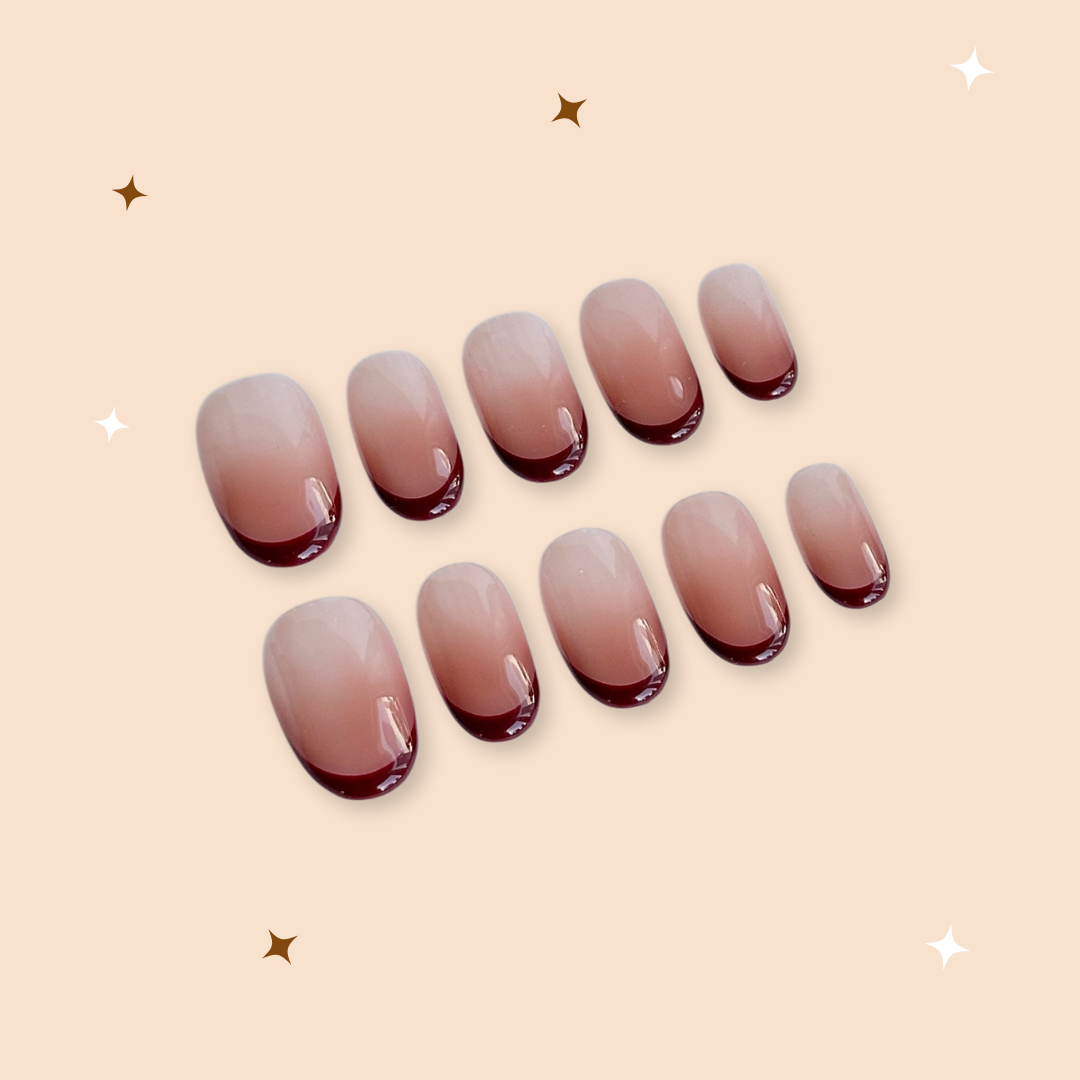 Burgundy French Tips Short Round Press-On Nail Set